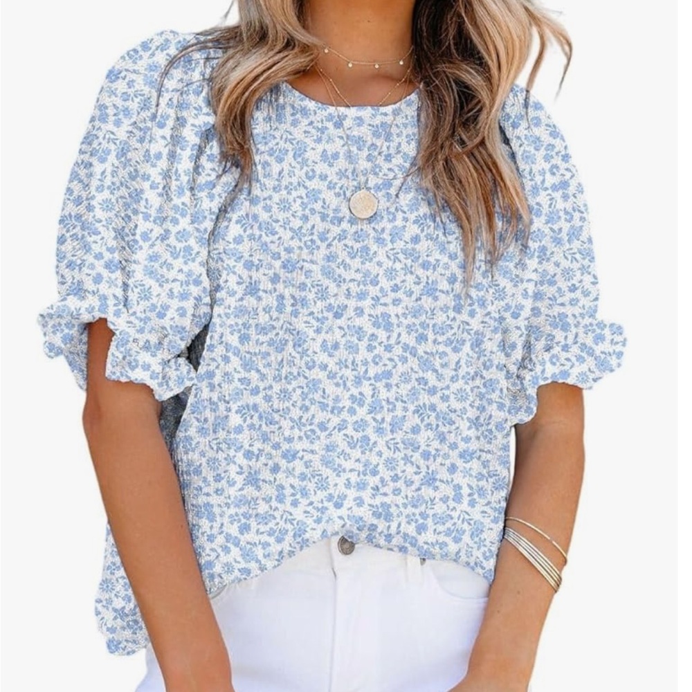 Dokotoo Floral Print Blue and White Women's Top